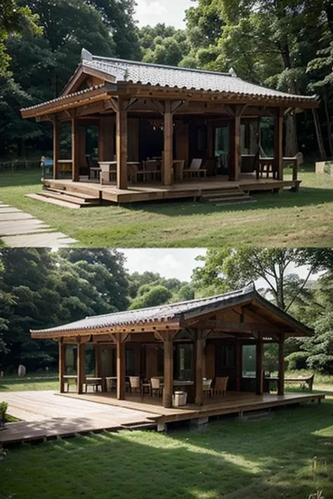 open cultural pavilion without walls built with wood being the concept (the lonely whale), surrounded by green area with a topography of 12%, equipment aimed at the public