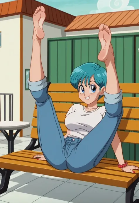 source_animé, puntaje_9, puntaje_8_arriba, puntaje_7_arriba, animé screencap,8k, absurdo res, Bulma, 1 girl, solo, blue hair, short sleeves, white t shirt, neckline, barefoot, soles, feet, toes, feet focus, sitting on bench, floor, building, outdoors, big ...