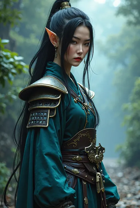 Recreate the image by making a warrior, with elven ears, Japanese, with black hair and blue eyes.