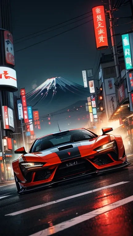 ((masterpiece)), ((best quality)), 8k, ultra-detailed, dynamic view of a futuristic sports car inspired by japanese design, (sle...