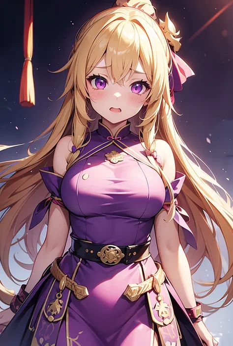 One girl, Blushing, Open your mouth a little, High resolution, Ahoge, ribbon, Large Breasts, Headband, Chinese dress, mask, Rubber, belt, rubber, Packing tape, Purple eyes, tears, saliva, Hide your ears, Drooling, Long Hair, Blonde, rope, 麻rope, Constraint...