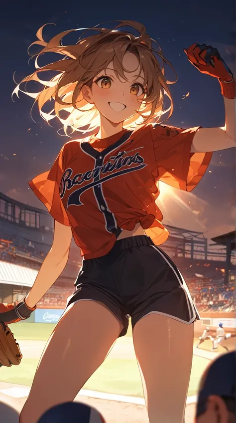 One Girl、Focused gaze、Determined eyes、Short Bob Hair、Team jerseys、Athletic posture、Glowing Skin、Medium Breast、A confident smile、Baseball Glove BREAK Golden Time、(Backlight:1.3)、Warm tones、Dramatic Shadows、Vibrant Energy、Dynamic composition、Sporty style、Viv...