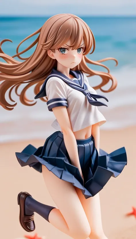 1 girl, beach side, very windy, wind lift skirt, tug skirt, slim thighs, blushing, , annoyed, small breasts, slim, slender, Cute short-sleeved sailor uniform, Pleated mini skirt, Sailor collar, Sailor scarf, socks, Brown Loafers,, panty, 