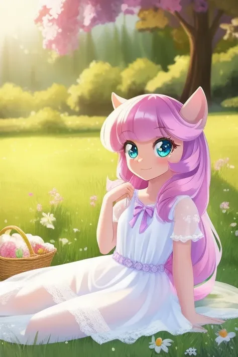 my little pony sweetie belle,horse girl,children,sheer white dress,picnic background