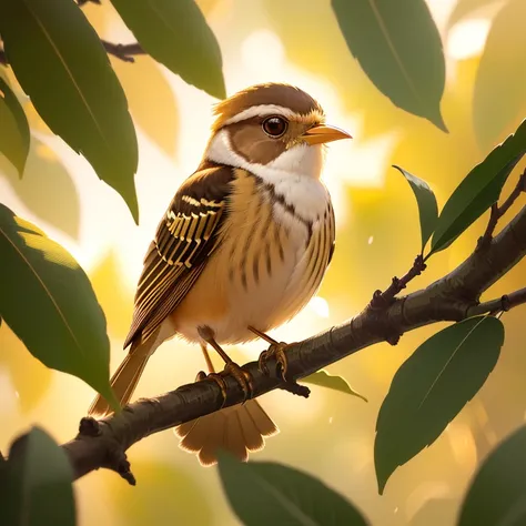 a small bird sits on a branch with leaves, beautiful lighting, bathe in golden light, soft golden light, Beautiful glowing backlight, in the golden hour, Beautiful bright big eyes, in the golden hour, Beautiful soft light, in the golden hour, beautifully i...