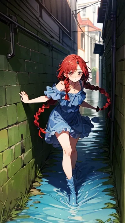 (masterpiece:1.3, Highest quality, Ultra-high resolution, Super detailed), detailed illustration, dynamic angle, ultra-detailed, illustration,  monster girl, slime girl, smallbreast, (Red Hair, long braided Hair:1.4) ,half body blue slime (Beautiful views)...