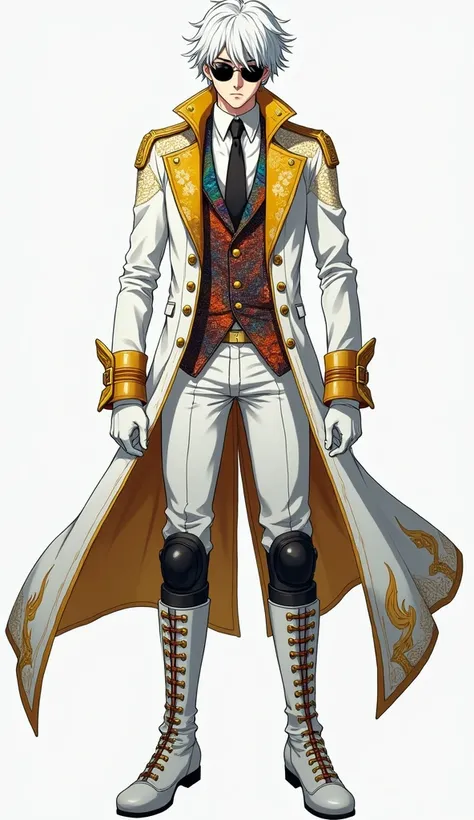 Anime guy with pale skin, sunglasses, and white short messy hair, stoic expression on his face, a long, golden buttoned white coat with three separated coattails. A golden, draconic pattern runs around the collar. A gold lining runs across the edges of the...