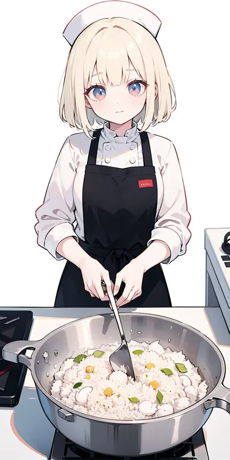 Create a virtual female chef who is stirring fried rice at the stove. and wears a red chefs shirt and chefs hat on a white background