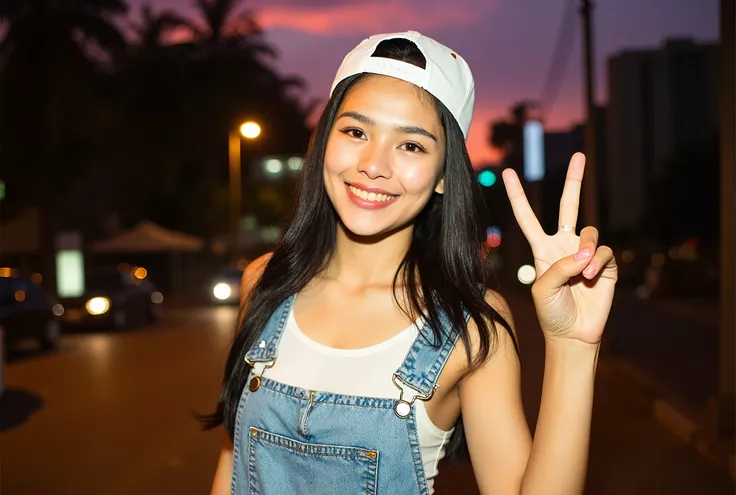 portrait of an evening scene unfolds as a stunning Thai woman, smile, poses with V sign, in Bangkok City, bathed in the soft light of the fiery sky. Framed by an analog camera lens and flash, her radiant beauty is captured on Kodak Portra 800 film. She wea...