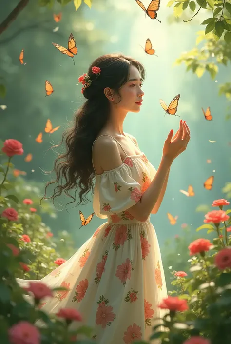 There is a woman in a floral dress，Butterflies flying around