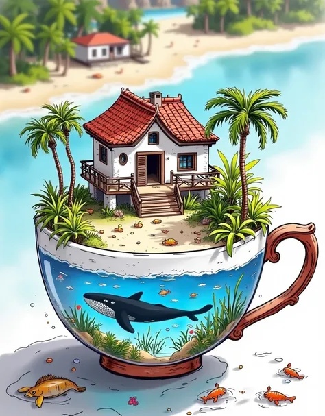 micro world, micro lens, isometric view, chale style house on tropical beach, ocean inside a big milk cup on the table. small se...