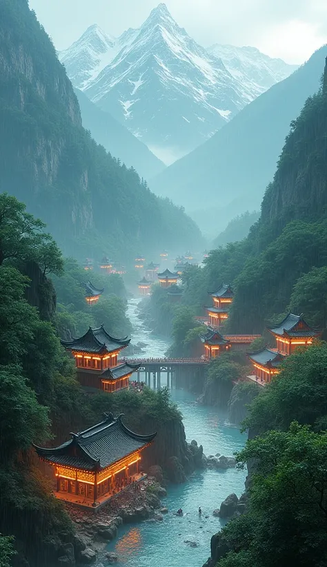 A rainy day in forest. With high mountain, river, waterfall. full of rivers meandering through its markets, palaces and pavilions