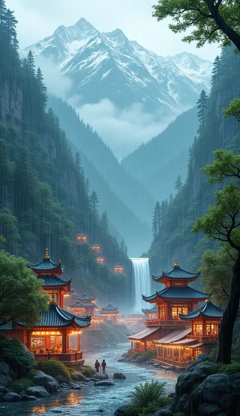 A rainy day in forest. With high mountain, river, waterfall. full of rivers meandering through its markets, palaces and pavilions