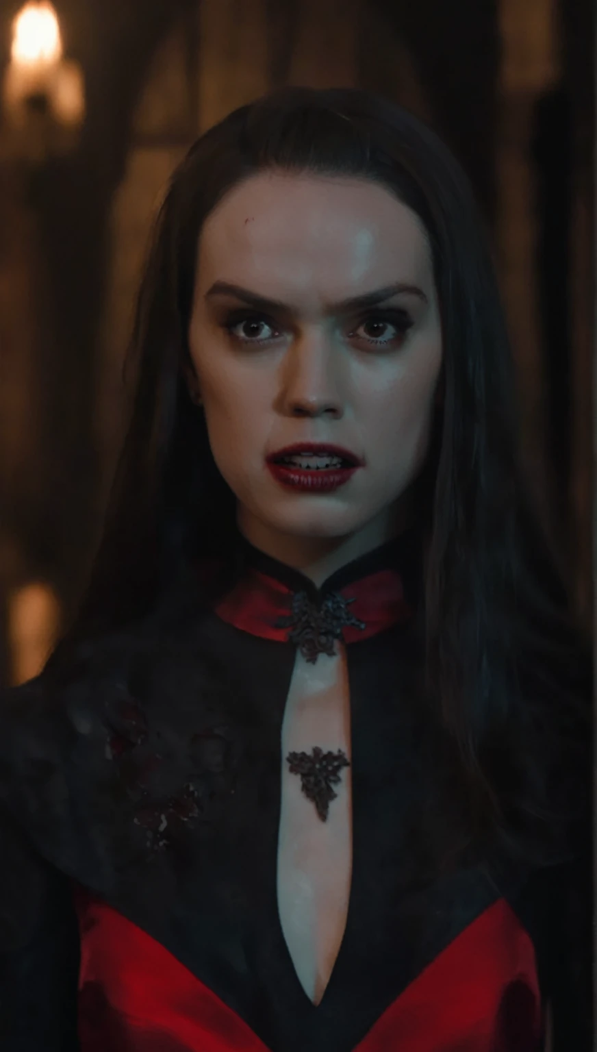 A horrifying and surreal portrayal of Daisy Ridley as a female vampire with a distorted and monstrous appearance. The vampire is dressed in traditional black and red attire, but her face is grotesquely distorted, with a mouth that has been violently ripped...