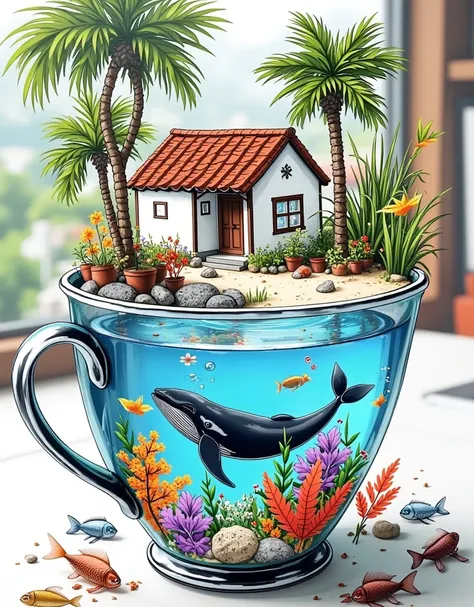 micro world, micro lens, isometric view, chale style house on tropical beach, ocean inside a big milk cup on the table. small se...