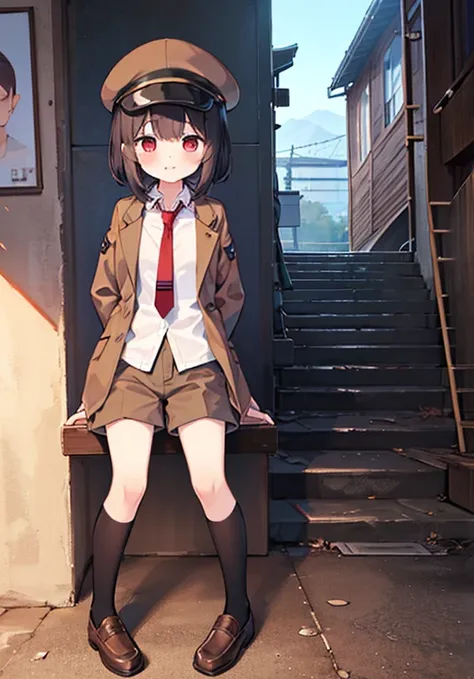 1girl, shameimaru aya (newsboy), red eyes, black hair, flat cap, brown hat, brown jacket, brown shorts, white shirt, red necktie, white kneehighs, brown shoes, shoulder bag, glowify