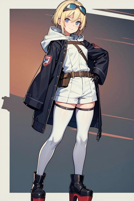 Anime drawings、Full body portrait、World War I characters、Background blank、A female pilot, about 18 years old, standing upright, about 160cm tall, wearing a white hooded long-sleeved jacket and white shorts、Wearing bulletproof goggles on his head、She is wea...