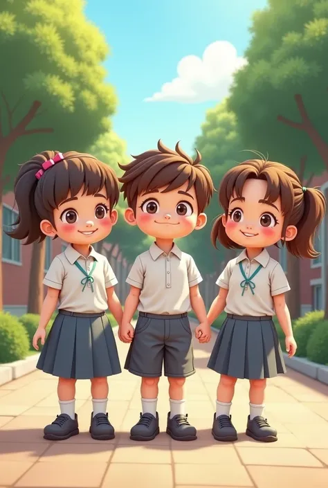 2 boys in pants and 3 girls in skirts holding hands, interleaved, standing, with grey uniform, at school, animated, 