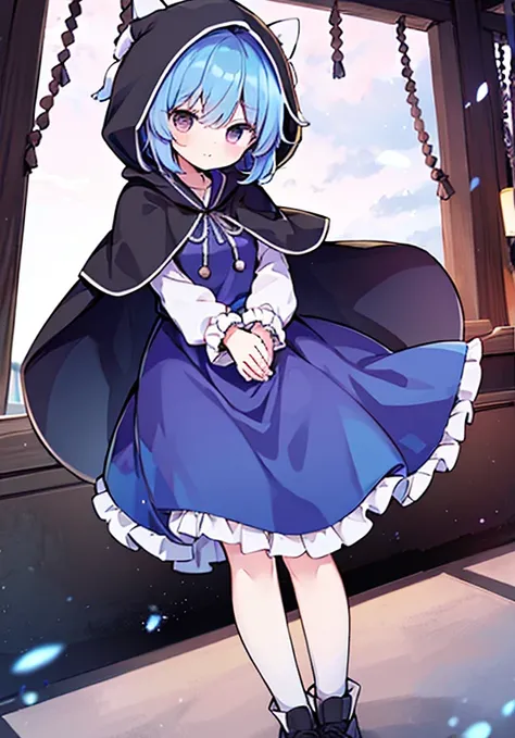 1girl, kumoi ichirin (touhou), 1boy, unzan (touhou), dark purple eyes, blue hair, hood, hooded capelet, long sleeves, white dress, grey legwear, black shoes, glowify