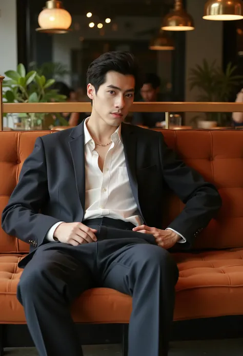 Realistic handsome guy，Sitting on the sofa in a cafe，Open suit，No lining，Showing chest muscles，Photographic Grade
