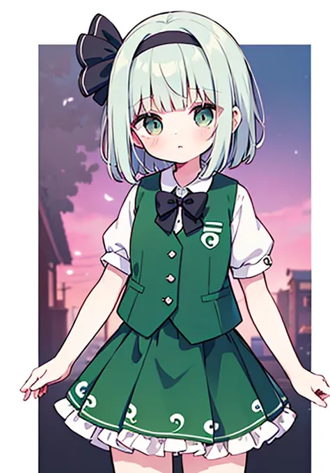 {{konpaku youmu}}, grey eyes, hair ribbon, short white hair, blunt bangs, , black hairband, black hair ribbon, collared white shirt, black bowtie, green vest, puffy short sleeves, green circle skirt, frilled skirt, socks, simple background, white backgroun...