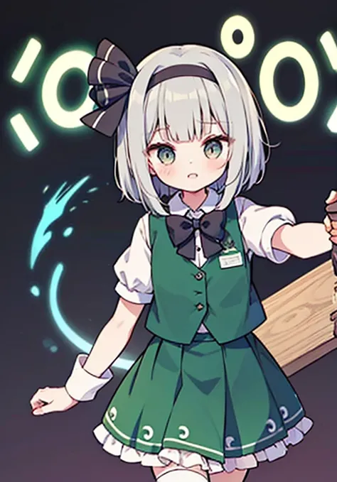 {{konpaku youmu}}, grey eyes, hair ribbon, short white hair, blunt bangs, , black hairband, black hair ribbon, collared white shirt, black bowtie, green vest, puffy short sleeves, green circle skirt, frilled skirt, socks, simple background, white backgroun...