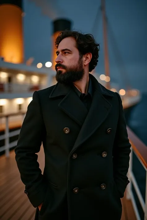 a white man, muscular, 38 years old, with perfectly outlined beard, It is located on the deck of the majestic Titanic, in the middle of a cold, starry night. Wears an elegant period costume, with a dark wool coat that flutters lightly in the ocean breeze. ...