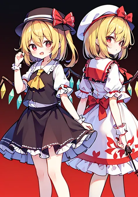 flandre_scarlet_(touhou), 1girl, red_eyes, short_hair, medium_hair, blonde_hair, one_side_up, red_eyes, slit_pupils, fang, wings, crystal, white_headwear, mob_cap, red_vest, white_shirt, collared_shirt, frilled_shirt_collar, yellow_ascot, puffy_short_sleev...