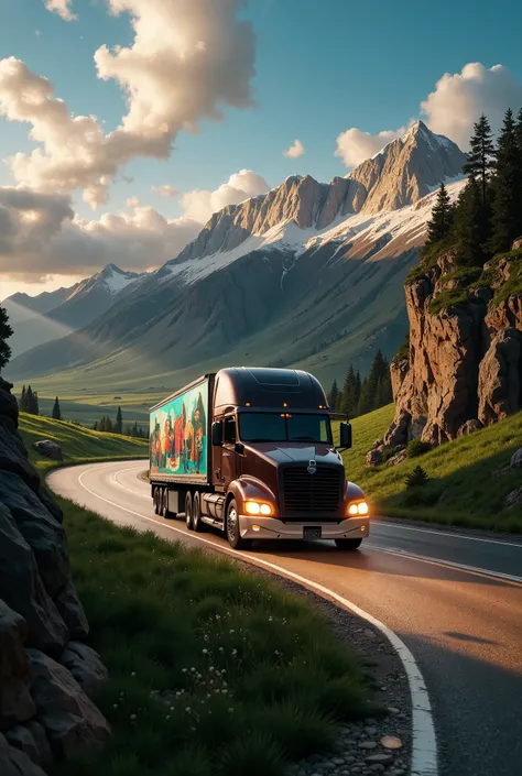 a breathtaking, photorealistic 8K image of a semi-trailer truck driving along a scenic landscape, with vibrant artwork covering the entire side of the trailer. Inspired by the hyperrealistic style of landscape artists like Albert Bierstadt and contemporary...