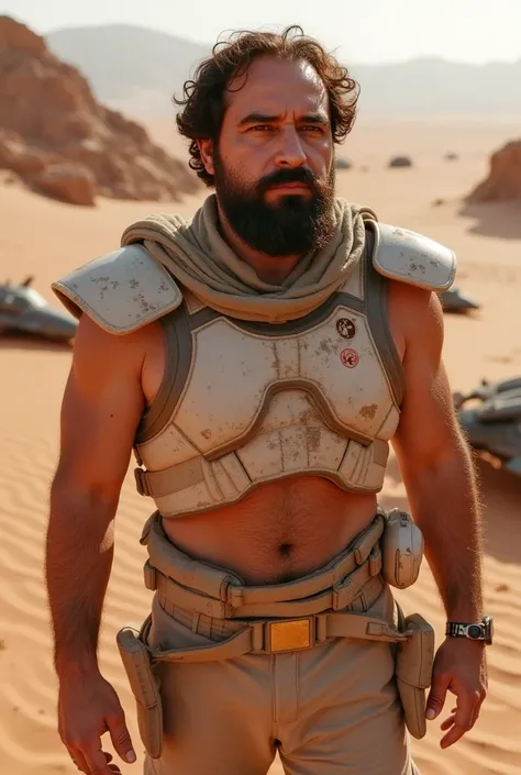 a white man, muscular, 38 years old, with perfectly outlined beard, poses in the middle of an alien desert, Inspired by the landscapes of Jakku. He wears light, sand-worn combat armor., with technological details and futuristic touches. Around you, Wreckag...