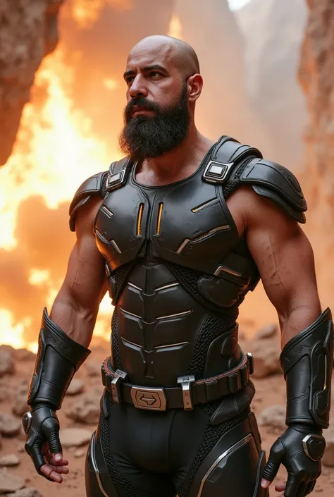 a white man, muscular, 38 years old, with perfectly outlined beard, is in the middle of a titanic battle on a devastated alien planet, Inspired by the Avengers sets: Infinity War. Wear an advanced combat suit with metallic details, Marked by the signs of c...