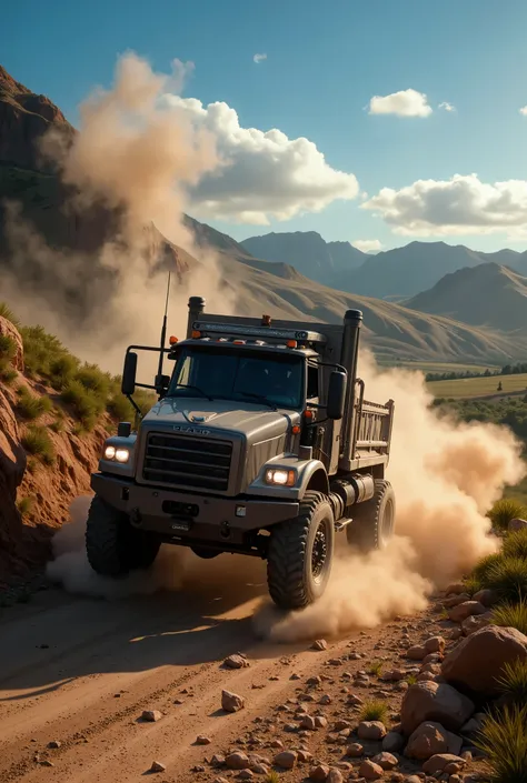 a breathtaking, photorealistic 8k image of a heavy machinery truck participating in a thrilling rally race through a stunning la...