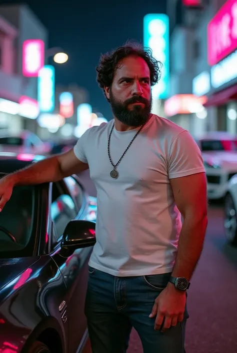 a white man, muscular, 38 years old, with perfectly outlined beard, He is standing next to an imposing high-end sports car, in the middle of a neon-lit urban street, Inspired by the style of Fast & Furious 7. He wears a tight white t-shirt that highlights ...