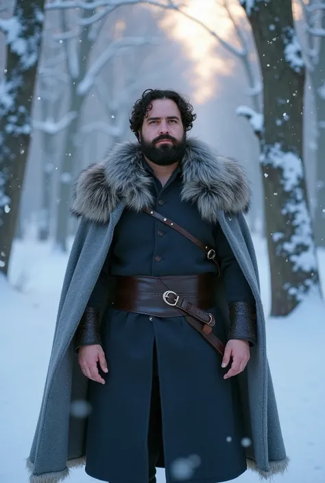 a white man, muscular, 38 years old, with perfectly outlined beard, It is located in the middle of a magical winter forest, Inspired by the world of Frozen 2. Wear an elegant wool cape with dark leather details, fitted to his strong torso, as snowflakes fa...