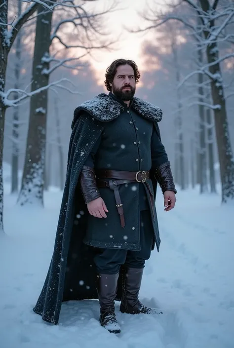 a white man, muscular, 38 years old, with perfectly outlined beard, It is located in the middle of a magical winter forest, Inspired by the world of Frozen 2. Wear an elegant wool cape with dark leather details, fitted to his strong torso, as snowflakes fa...