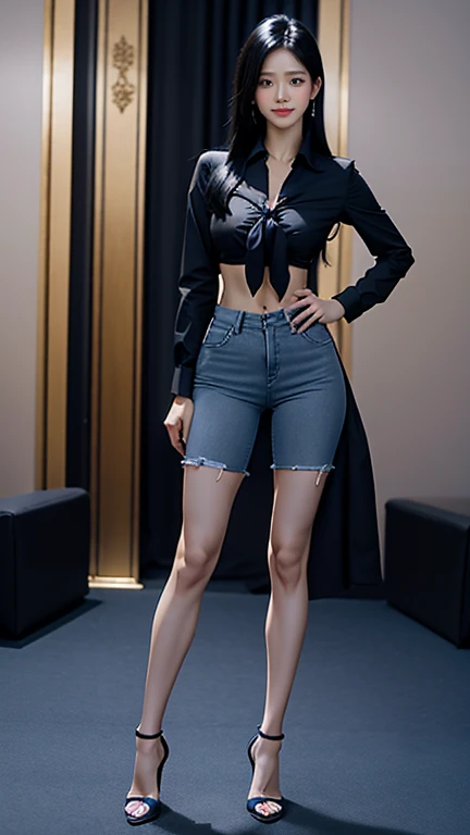 Acurate, 1 Karina from Aespa. Studio Background. Black hair、black eyes、Semi-long、setting hair、Slender but well-proportioned muscular body、a smile、wearing a tie-front shirt、Abs are cracked、The navel is visible、Wearing BLUE high heels、wearing very tight BLUE...