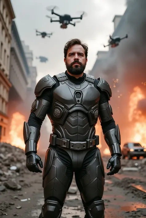 a white man, muscular, 38 years old, with perfectly outlined beard, is located in the middle of a city devastated by chaos, Inspired by Avengers: Age of Ultron. Wear an advanced combat suit with metallic armor plates and technological details, marked by th...