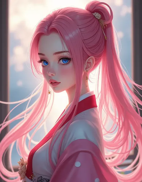 (finely detailed beautiful eyes and detailed face,Masterpiece sidelighting,Masterpiece,best quality,detailed,High resolution illustration),, (1 girl,whole body,bishoujo,shiny skin,Looking down,looking at viewer),, (pink hair,blue eyes,Loop,hanbok, korean c...