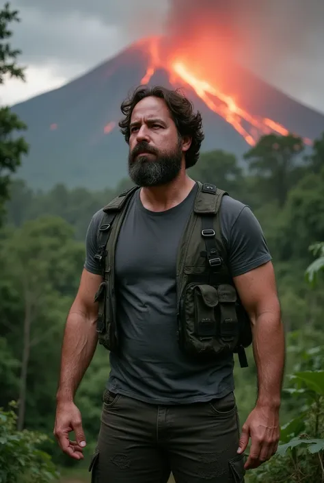 a white man, muscular, 38 years old, with perfectly outlined beard, It is located in the middle of a dense, dark jungle, as Isla Nublar volcano erupts, inspired by Jurassic World: The Fallen Kingdom. He wears a dark grey fitted T-shirt and a tactical vest....