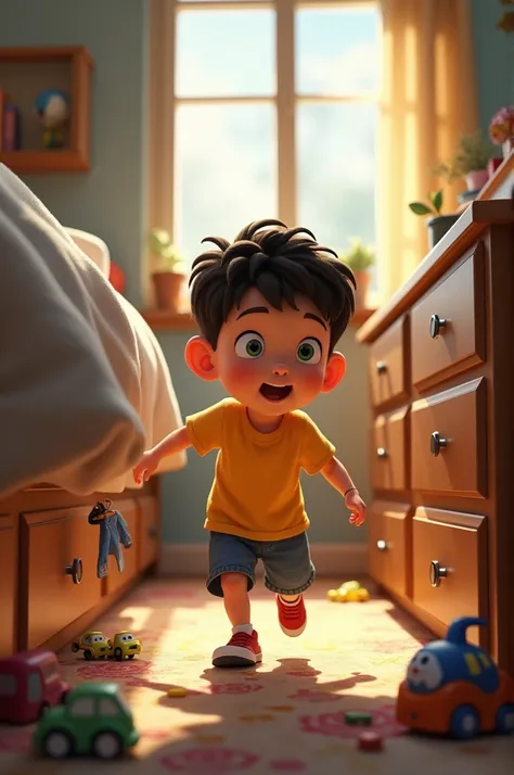 	1.	Scene 1: Boy looking for something A boy of about , with excited expression, look in different places around the house. You see him opening drawers, checking under the bed and looking in the closet. The atmosphere is a cozy home, with toys scattered ar...