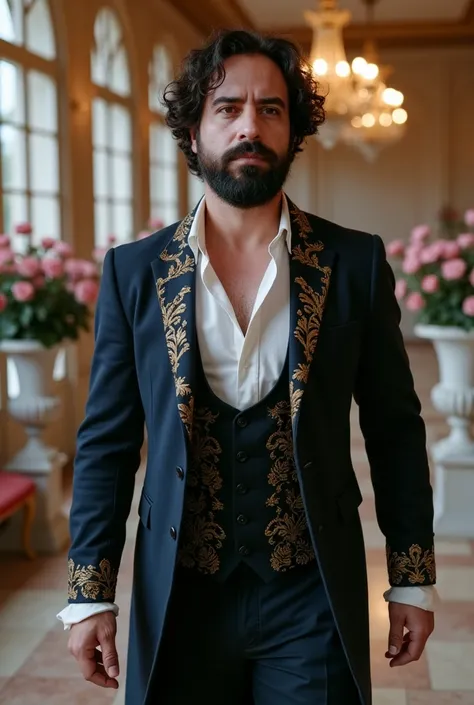 a white man, muscular, 38 years old, with perfectly outlined beard, is located in the elegant ballroom of an enchanted castle, Inspired by Beauty and the Beast. He wears a formal period suit with a dark blue jacket embroidered in gold., adjusted to your mu...