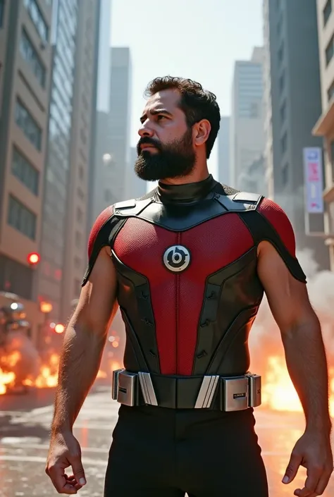  a white man, muscular, 38 years old, with perfectly outlined beard, She is posing in a modern and futuristic setting inspired by The Incredibles 2. Wearing a tight superhero suit, Black and red with silver details that highlight its defined musculature. A...