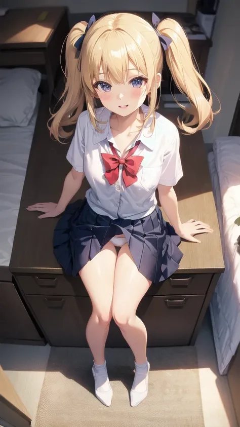 1girl in, Parted lips, blush, makeup, lightsmile, School uniform, Full body, Wide Angle, From  above, crass room, llight rays, Glow, thighs thighs thighs thighs, clavicle, Narrow waist, (masutepiece), Wallpaper,Beautiful skins、twin-tail hair、Bright blonde ...