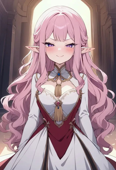 Masterpiece, best quality, 8k, anime style, 1girl, teenager, pink hair, solo, (long hair, wavy hair, fringe), pointed elf ears, purple eyes, ((elegant clothes, noble clothes) high elf, anime-style, bratty personality, smug expression