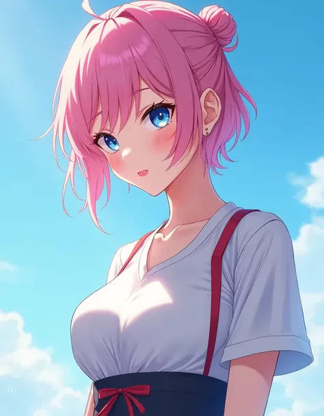 (finely detailed beautiful eyes and detailed face,Masterpiece sidelighting,Masterpiece,best quality,detailed,High resolution illustration),, (1 girl,whole body,bishoujo,shiny skin,Looking down,looking at viewer),, (pink hair,blue eyes,Loop,hanbok, t-shirt ...