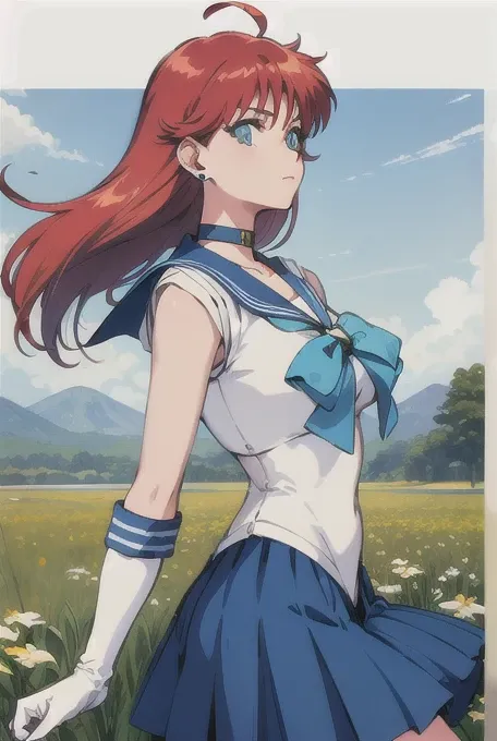 masterpiece、Best Quality、High resolution、1990s (style),Red Hair、Long Hair、Ahoge、Big Breasts、Mer1、Tiara、Sailor Warrior Uniforms、Blue sailor collar、ribbon、Knee Boots、Choker、White gloves、青いChoker、Elbow Gloves、jewelry、Earrings、Blue Skirt、Cowboy Shot、From the s...