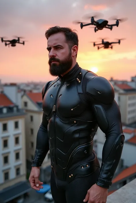 a white man, muscular, 38 years old, with perfectly outlined beard, is standing on a rooftop in the heart of a European city, Inspired by Spider-Man: Far from home. He wears a tight-fitting tech suit with dark tones and luminous details that highlight his ...