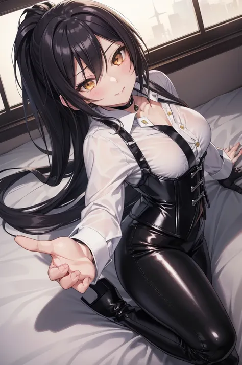 Sakuya Shirase, Sakuya Shirase first, masterpiece, The best quality, high resolution, beautiful detailed eyes, amber yellow eyes, extremely detailed face, good lighting, Detailed CG, 1 woman, lying on a bed, view from above,  blush, smug expression. show s...