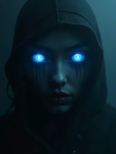 in the dark, two blue eyes with long black lashes glow from a mysterious object