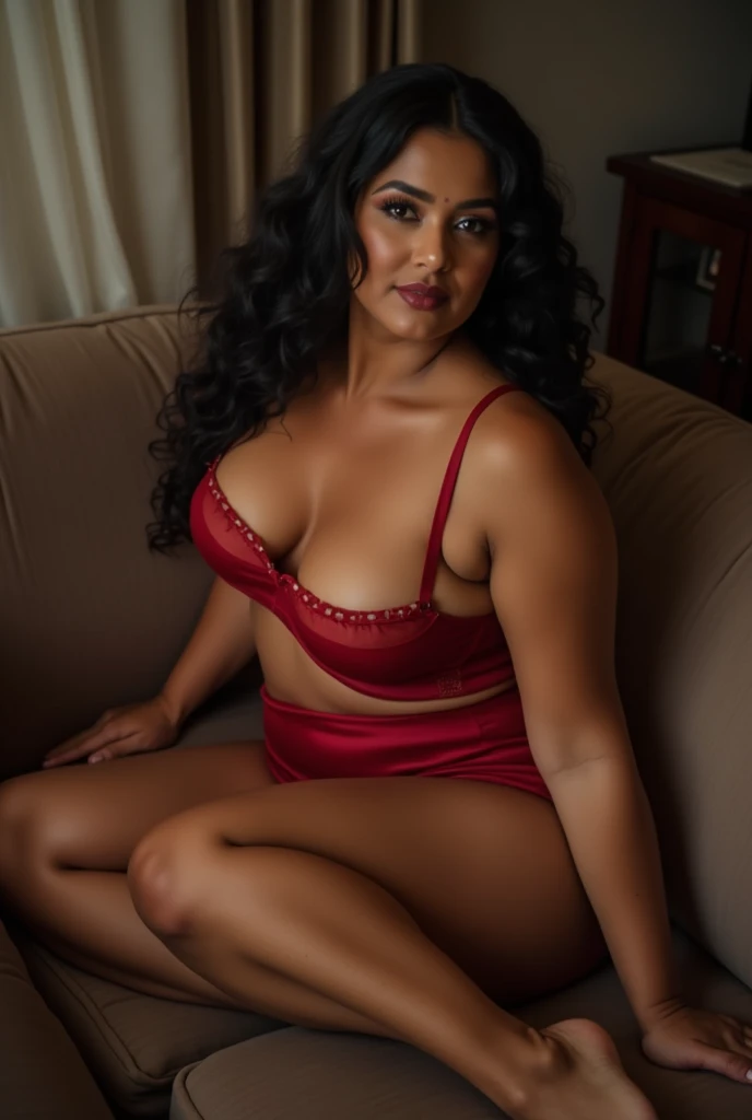 A 34-year-old Indian mother、With her curvaceous body and deep cleavage、Lying on the sofa wearing a red transparent push-up bra and a mini skirt posing sexily for tha camera with thick and shiny thighs
